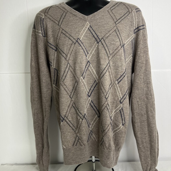 Jos A Bank Executive Collection Sweater Men's Large Beige Argyle Lambs‎ Wool - Picture 1 of 6